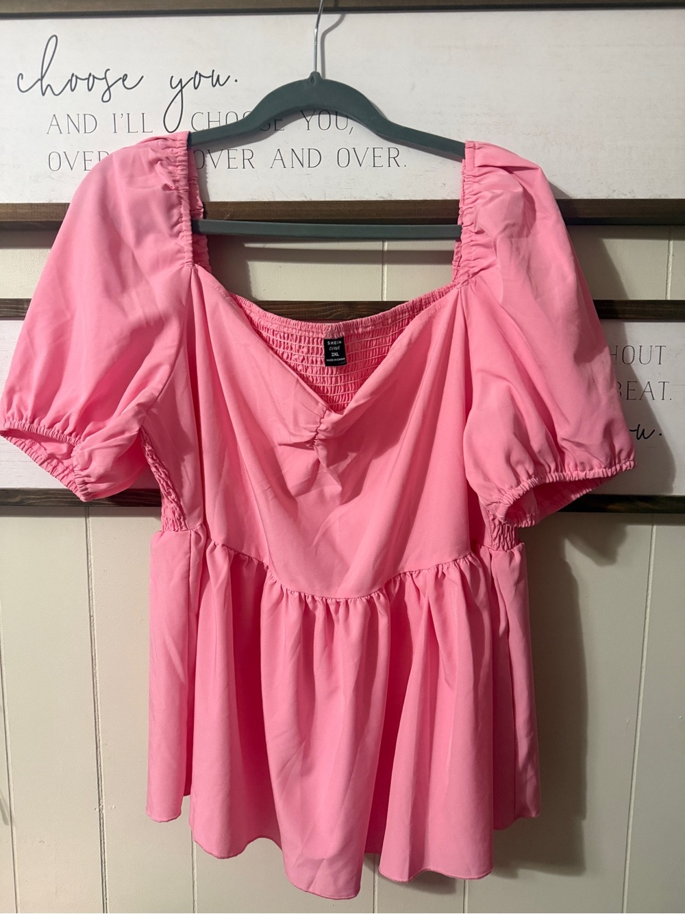 SHEIN Bubblegum Pink Puff-Sleeve Peplum Tunic